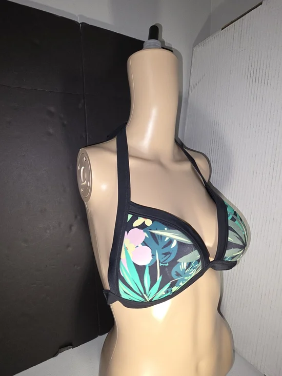 PINK Victoria's Secret Black Halter Bikini Top with Green Tropical Leaf Print - Picture 7 of 17